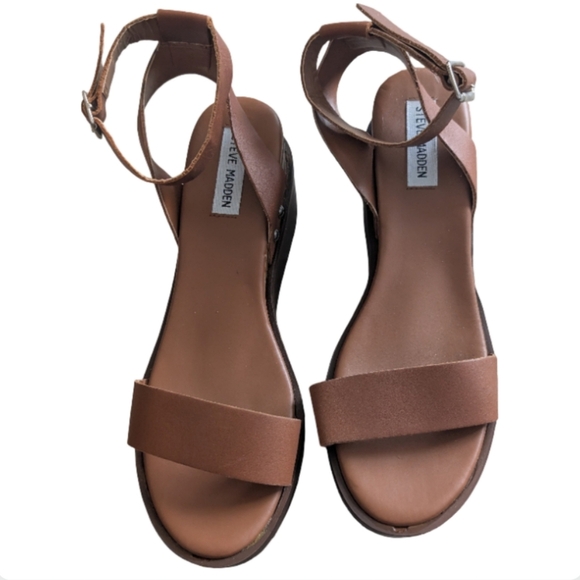 Steve Madden TIRMA Platform Sandals Sz 9.5 Brown Leather Ankle Strap Wedge Boho - Picture 2 of 8